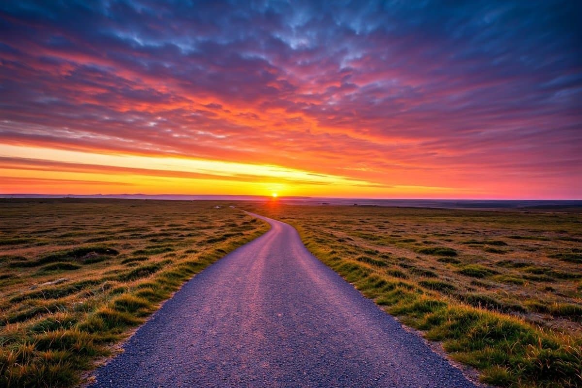 A winding path leading towards a vibrant sunrise, symbolizing the journey of life and the potential of each new day.
