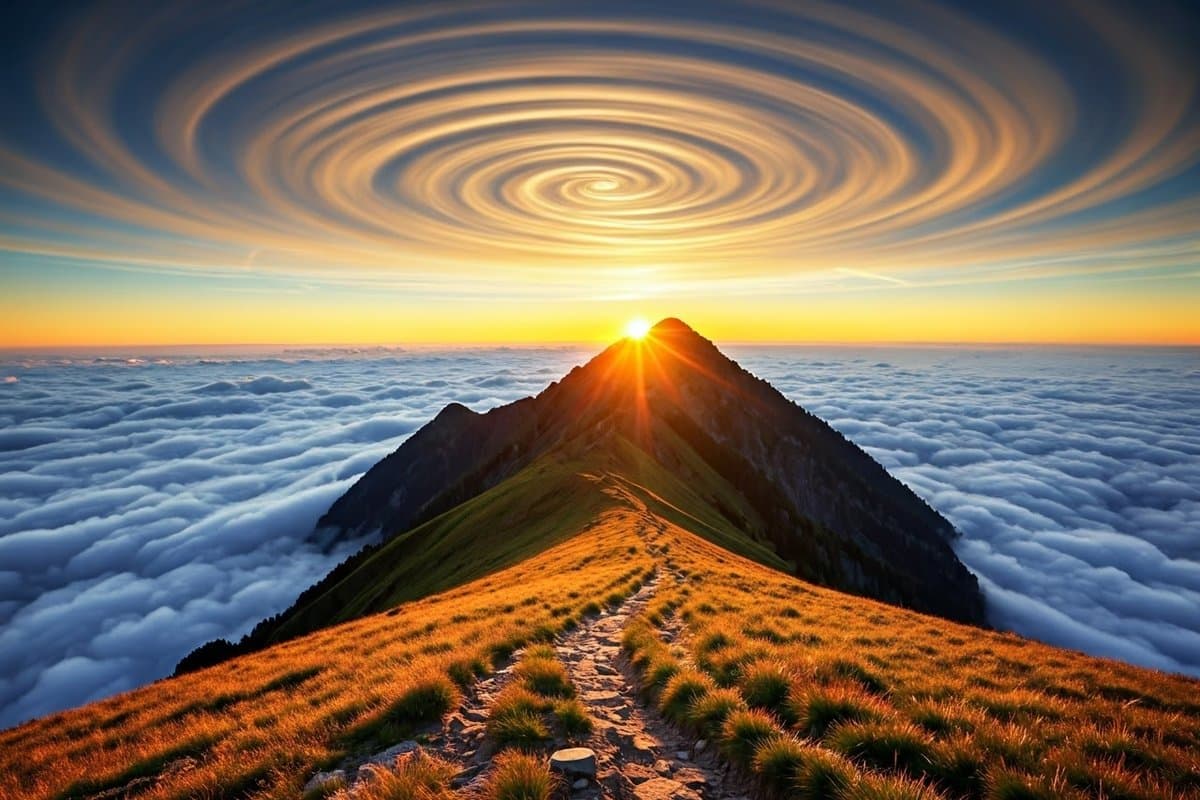 A mountain landscape at dawn, representing the power of conscious thought to shape one's journey and destiny.