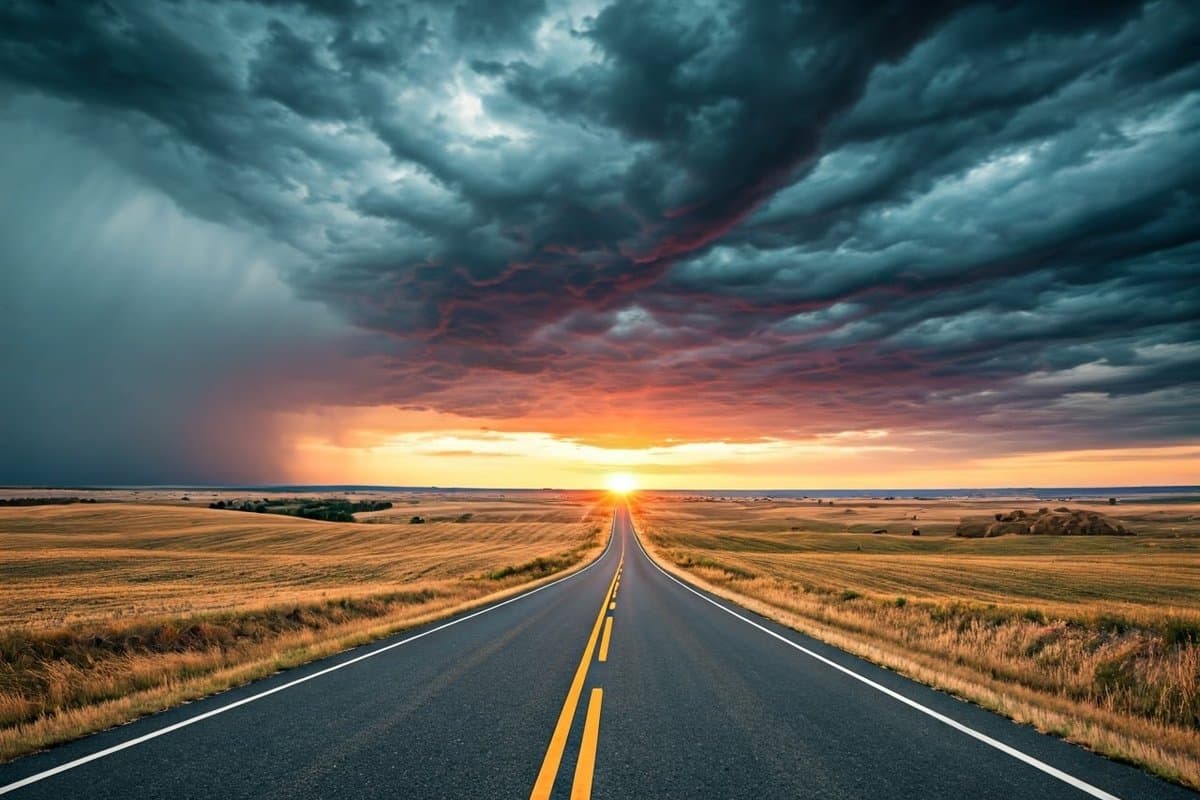 A winding road transitioning from a stormy sky to a serene sunset, symbolizing the journey from anger to repentance.