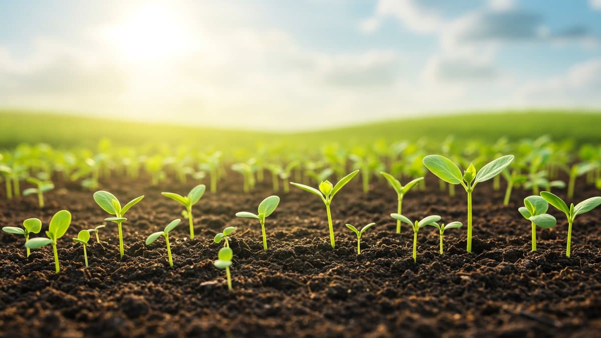 A field of young plants growing in fertile soil, bathed in sunlight.