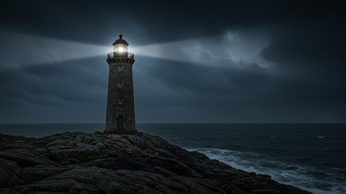 A lighthouse shining brightly amidst a stormy sea, symbolizing resilience and the unwavering pursuit of one's best.