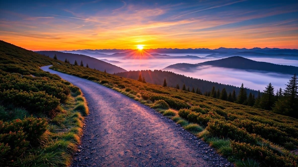 A scenic mountain path at sunrise, symbolizing the journey of following one's heart and overcoming obstacles.