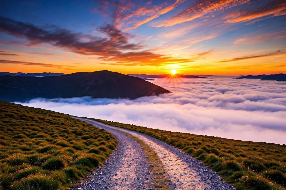 A winding path leading from mist to a bright sunrise, symbolizing the journey from fear to dreams.
