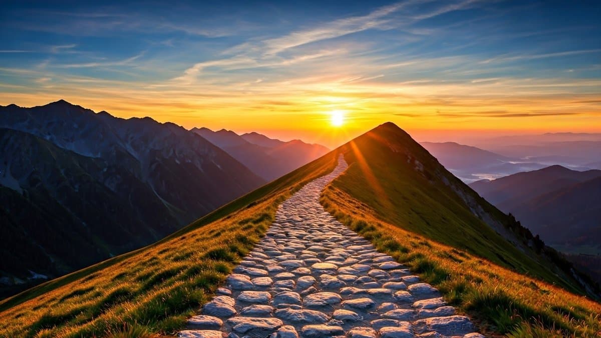 A mountain path leading towards a sunrise, representing the journey from problems to dreams.