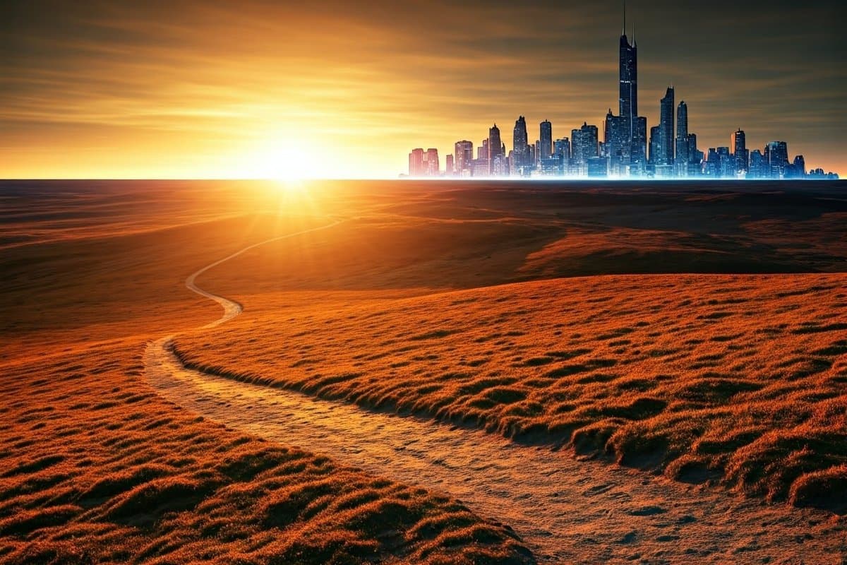 A sunrise over a landscape with a path leading to a glowing city, representing the journey of self-investment and a brighter future.