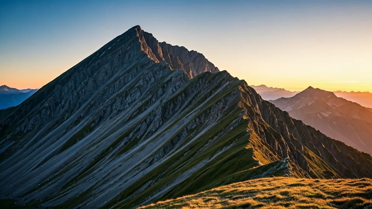 A rugged mountain range at sunrise, symbolizing the challenges and determination required to achieve ambitious goals.