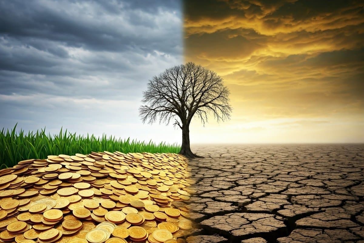 A divided landscape symbolizing the unequal distribution of wealth, with a barren side contrasting with a lush, gold-filled side.