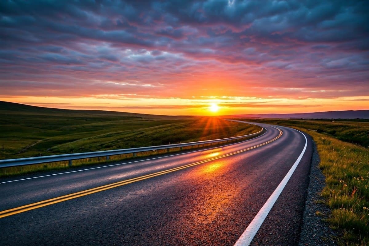 A winding road with a rain shower in the foreground and a bright sunset in the distance, representing overcoming temporary challenges and looking towards a brighter future.