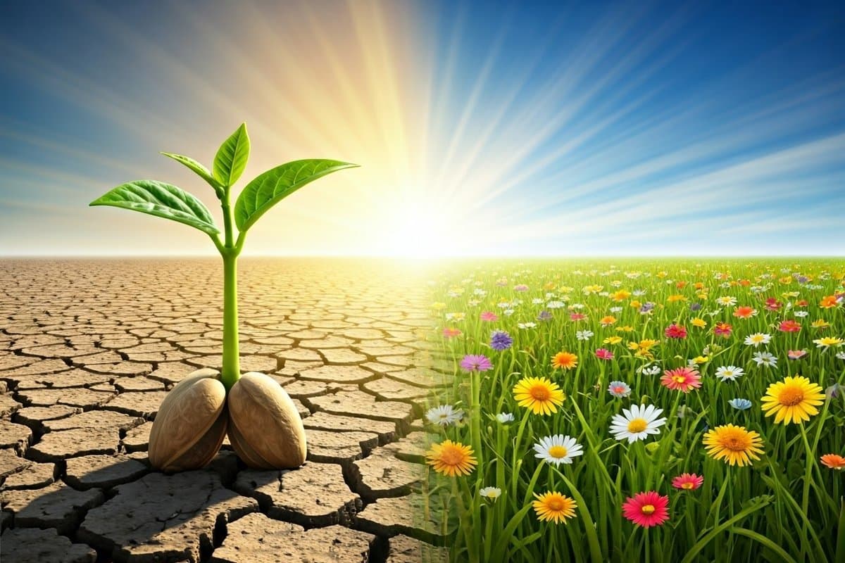 A lone seedling emerges from a desolate landscape, symbolizing the potential for growth and transformation even in the most challenging circumstances.