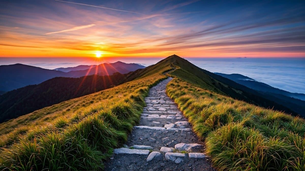 A mountain path leading to a vibrant sunrise, symbolizing progress fueled by emotion.