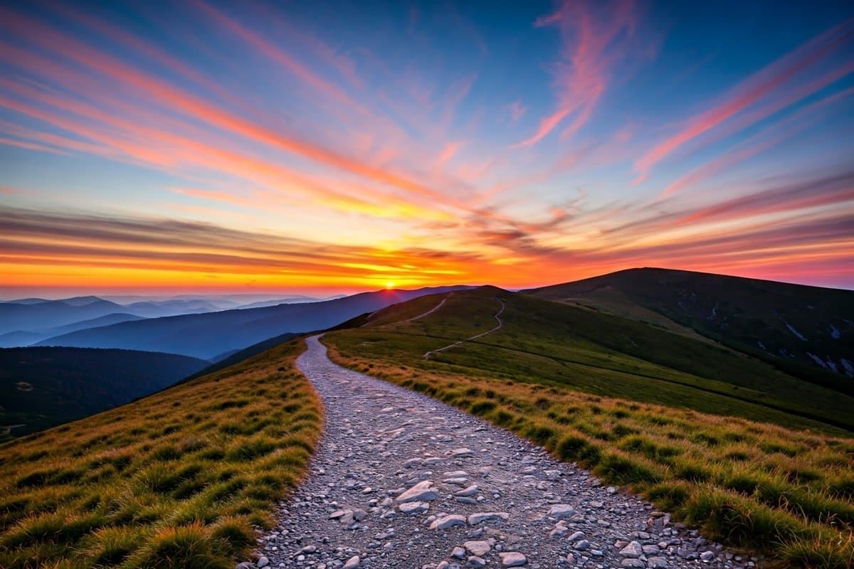 A mountain path leading into a colorful sunrise, symbolizing life's journey and the acceptance of change.