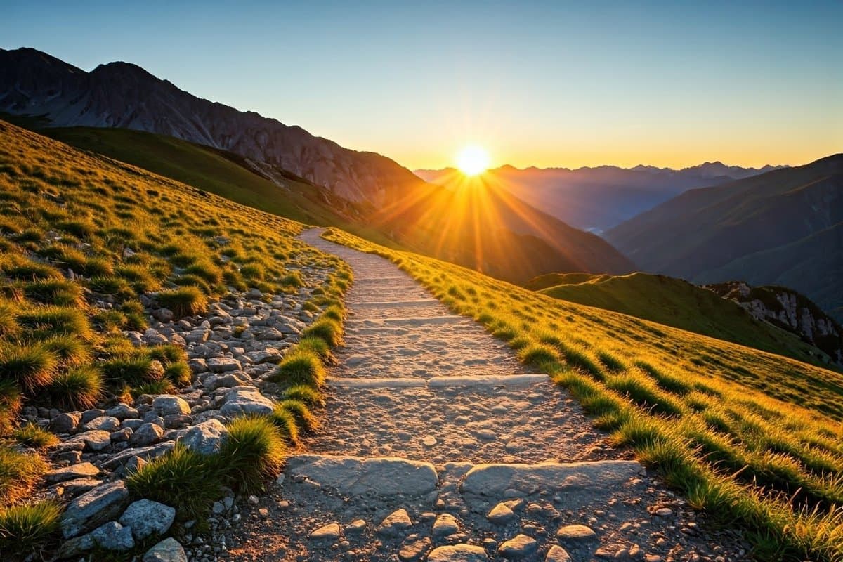 A winding mountain path transitioning from rough terrain to a smooth path, leading to a bright sunrise, symbolizing the journey from motivation to habit and ultimately, success.