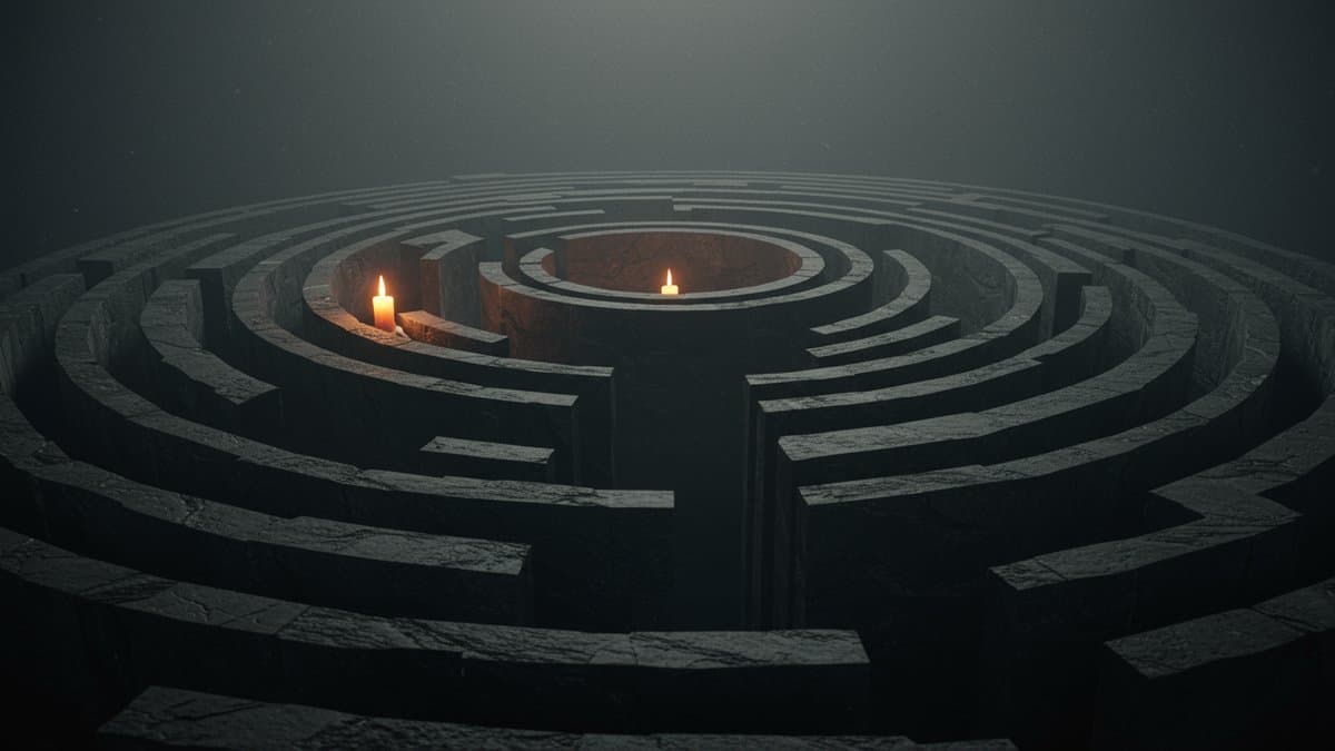 A dark and misty labyrinth, symbolizing the inescapable and complex nature of guilt as described by Kafka.