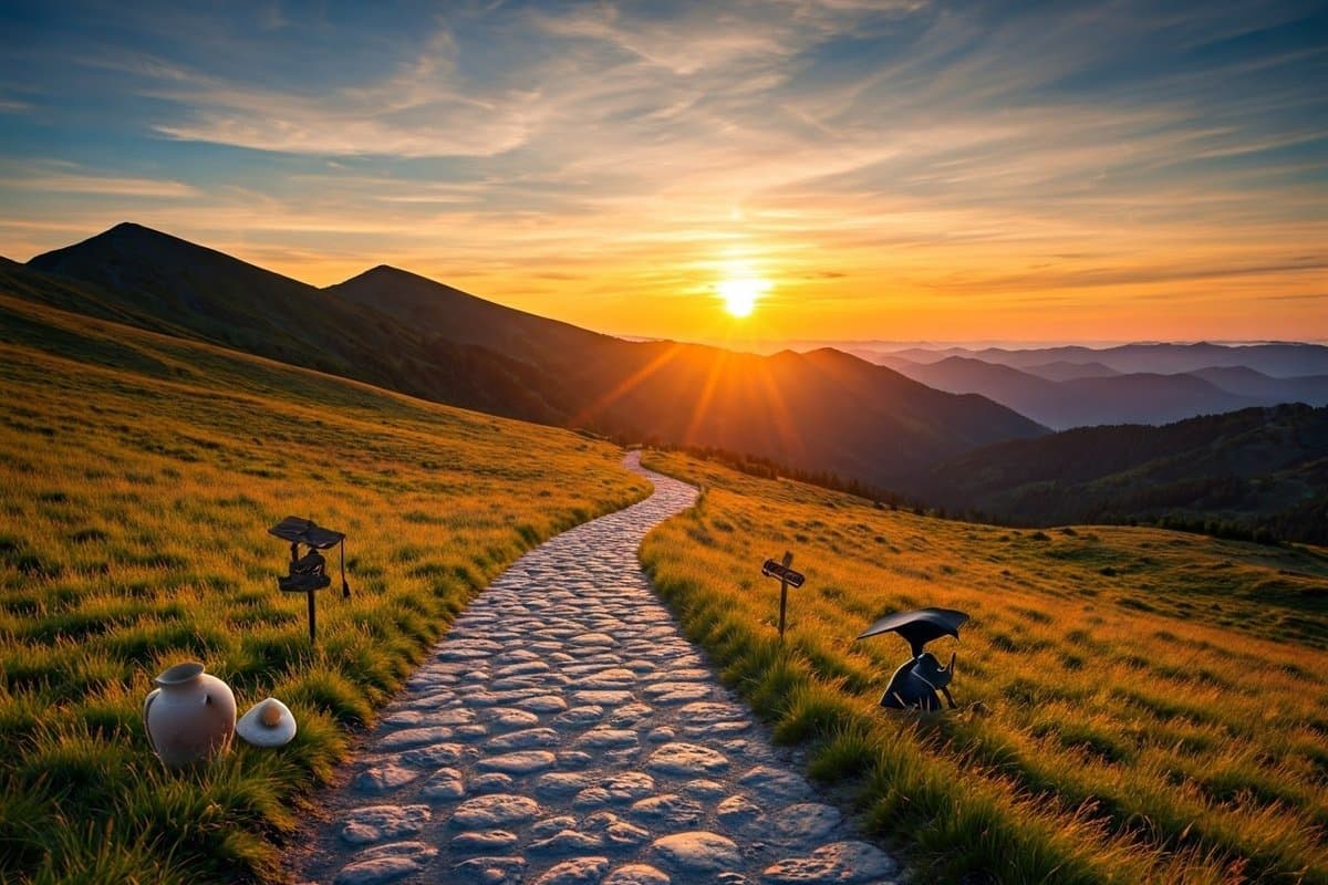 A winding mountain path at sunrise, with markers representing past experiences illuminated by the sun, symbolizing lessons learned.