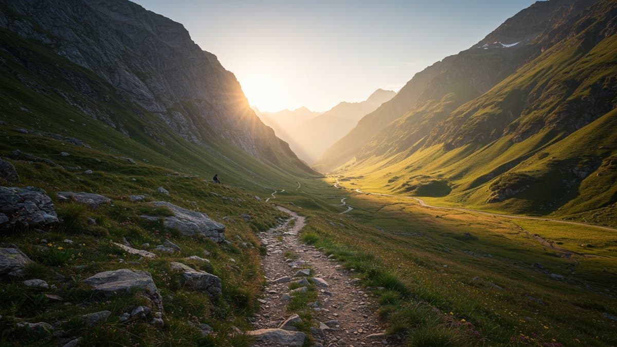 A winding mountain path leading to a sunlit valley, representing the journey of self-discovery.