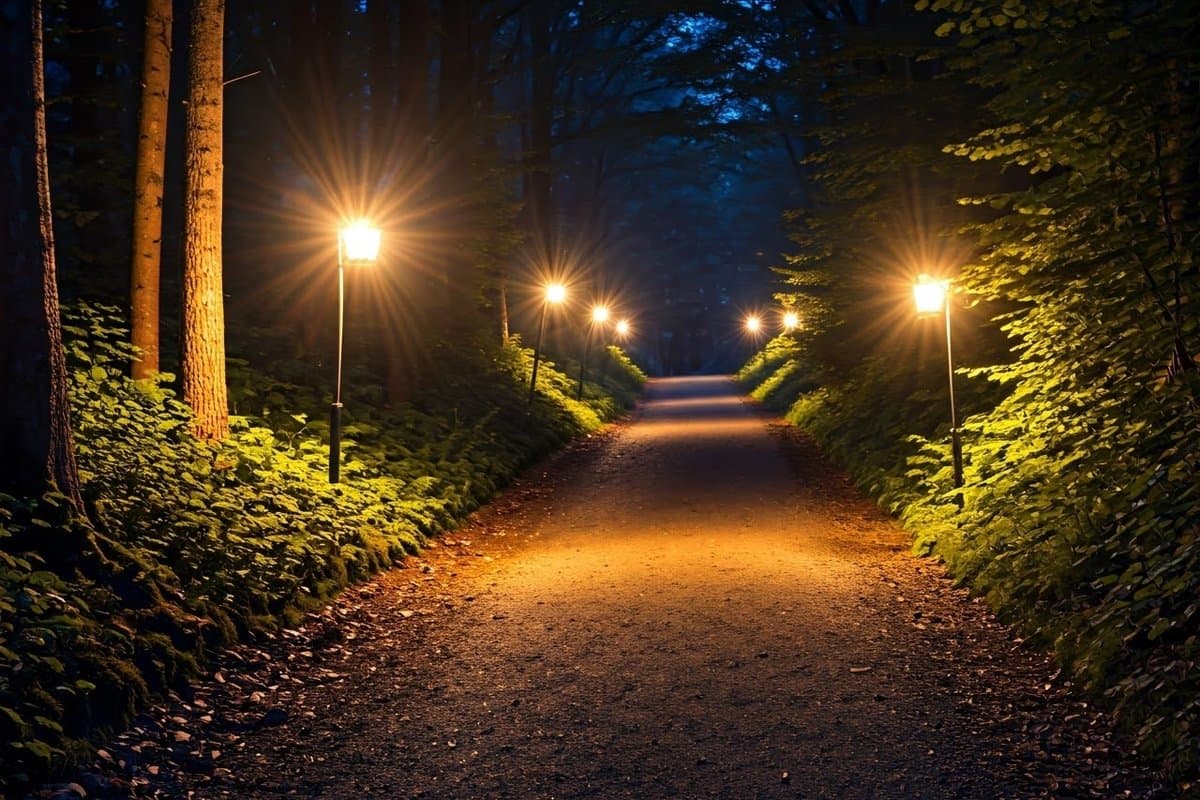 A winding path lit by lanterns in a dark forest, symbolizing hope and guidance.