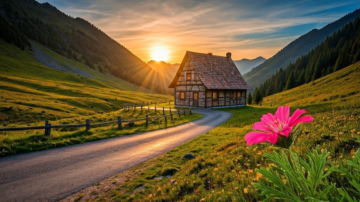 A winding road leading to a cozy cottage at sunset, with a vibrant flower in the foreground, representing the journey to find what is already near.