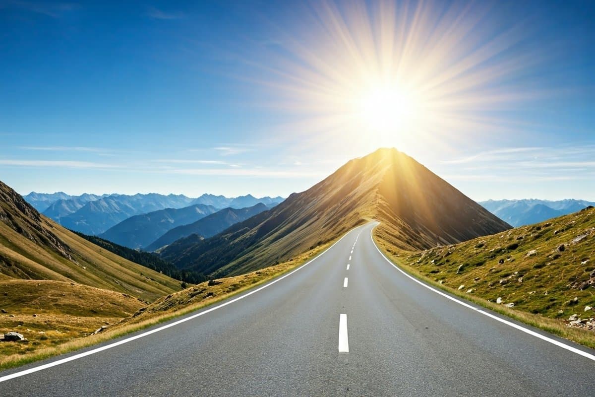 A winding mountain road symbolizes the challenging journey towards truth, leading to a sunlit peak representing clarity and enlightenment.