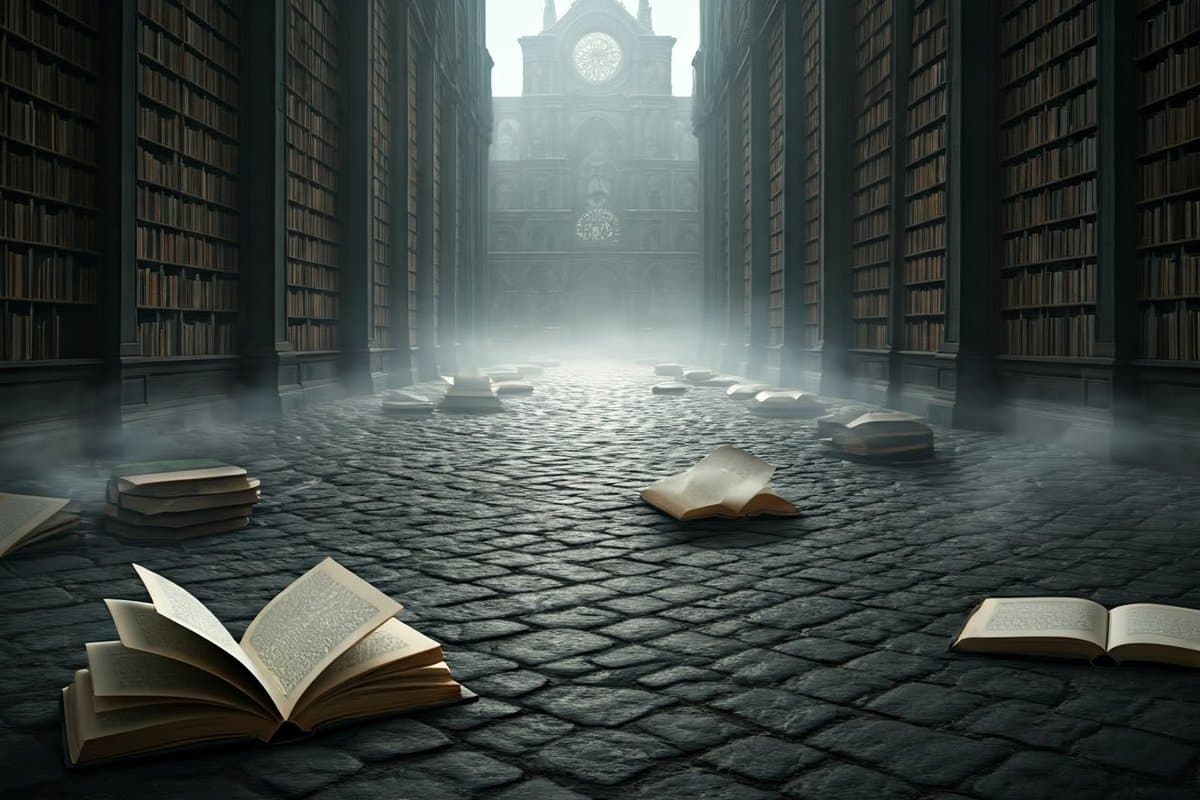 A misty path to an ancient library, symbolizing the journey of learning and the acceptance of mistakes.