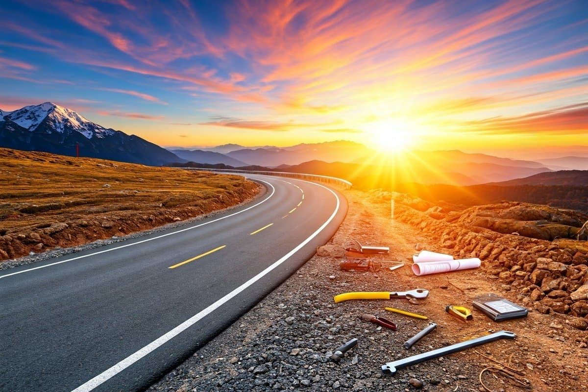 A winding road under construction leading towards a sunrise, symbolizing the active creation of one's future.