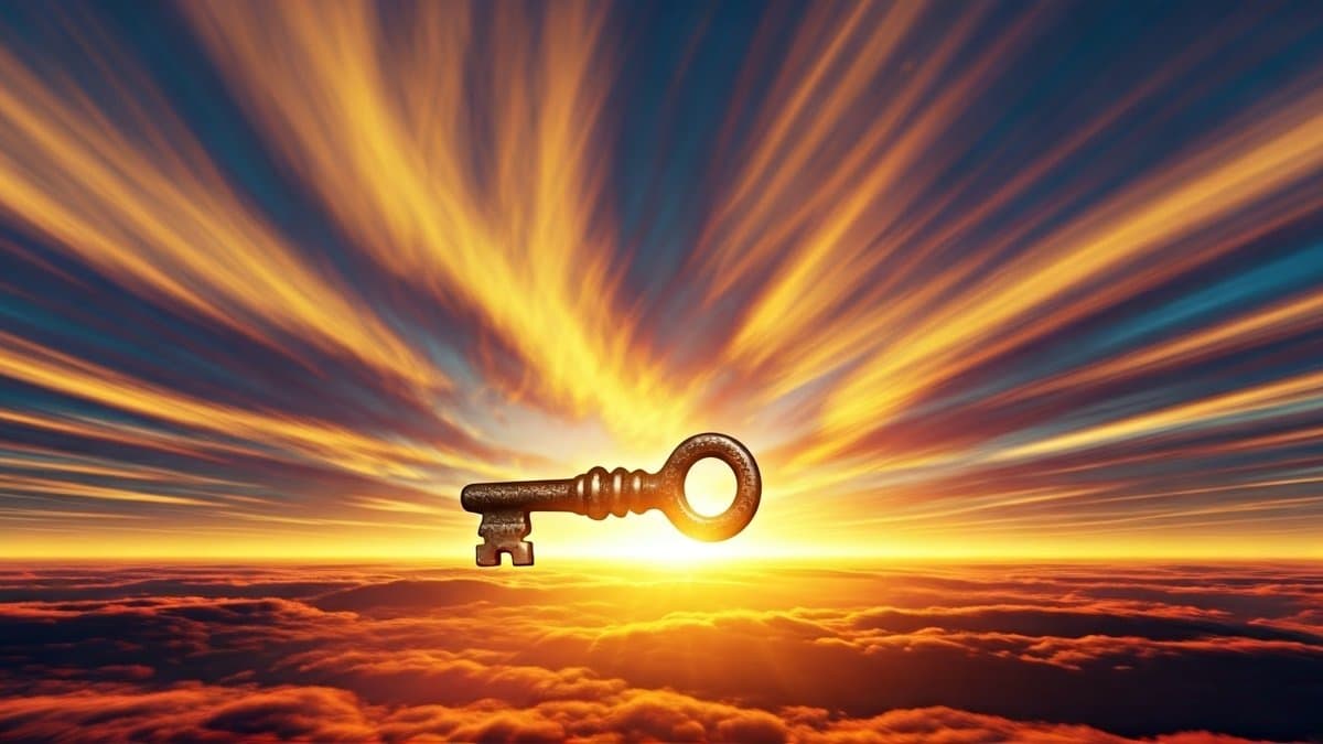 An antique key suspended in a colorful dawn sky, symbolizing unlocking potential and the power of belief.