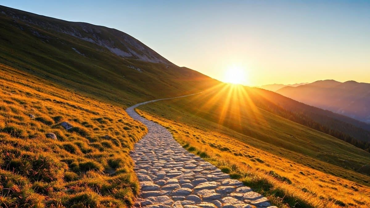 A winding mountain path leading towards a sunrise, symbolizing the journey of self-improvement and continuous growth.