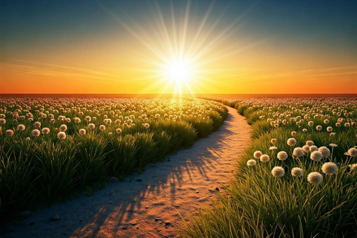 A winding path with wildflowers leading to a sunrise, symbolizing finding joy in everyday tasks.