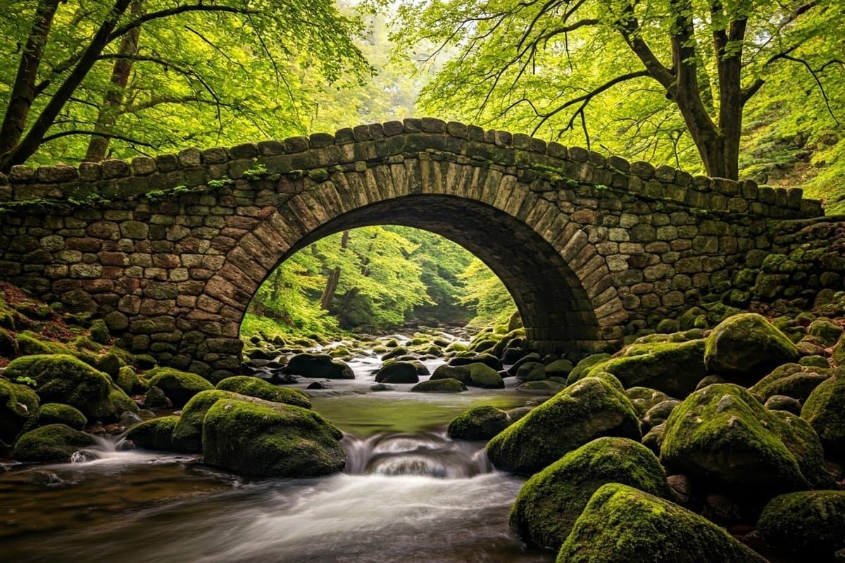 A stone bridge over a river, representing the enduring power of patience and time.