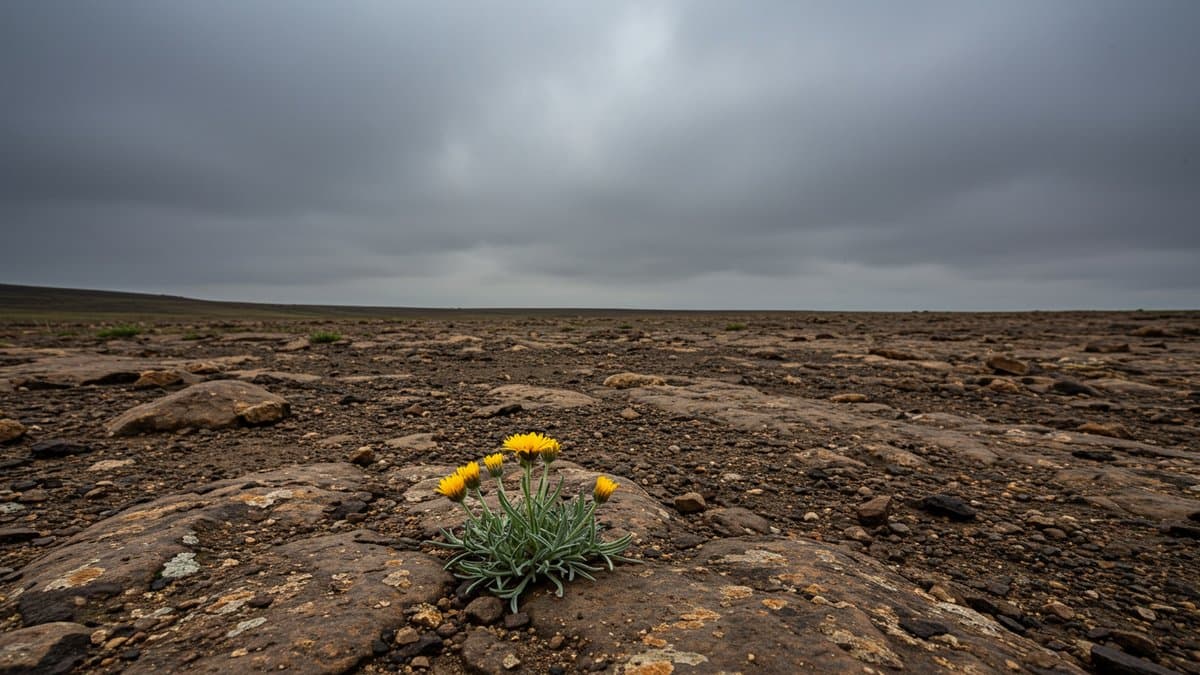 A barren landscape with a single wildflower, symbolizing resilience and the world's indifference to individual struggles.
