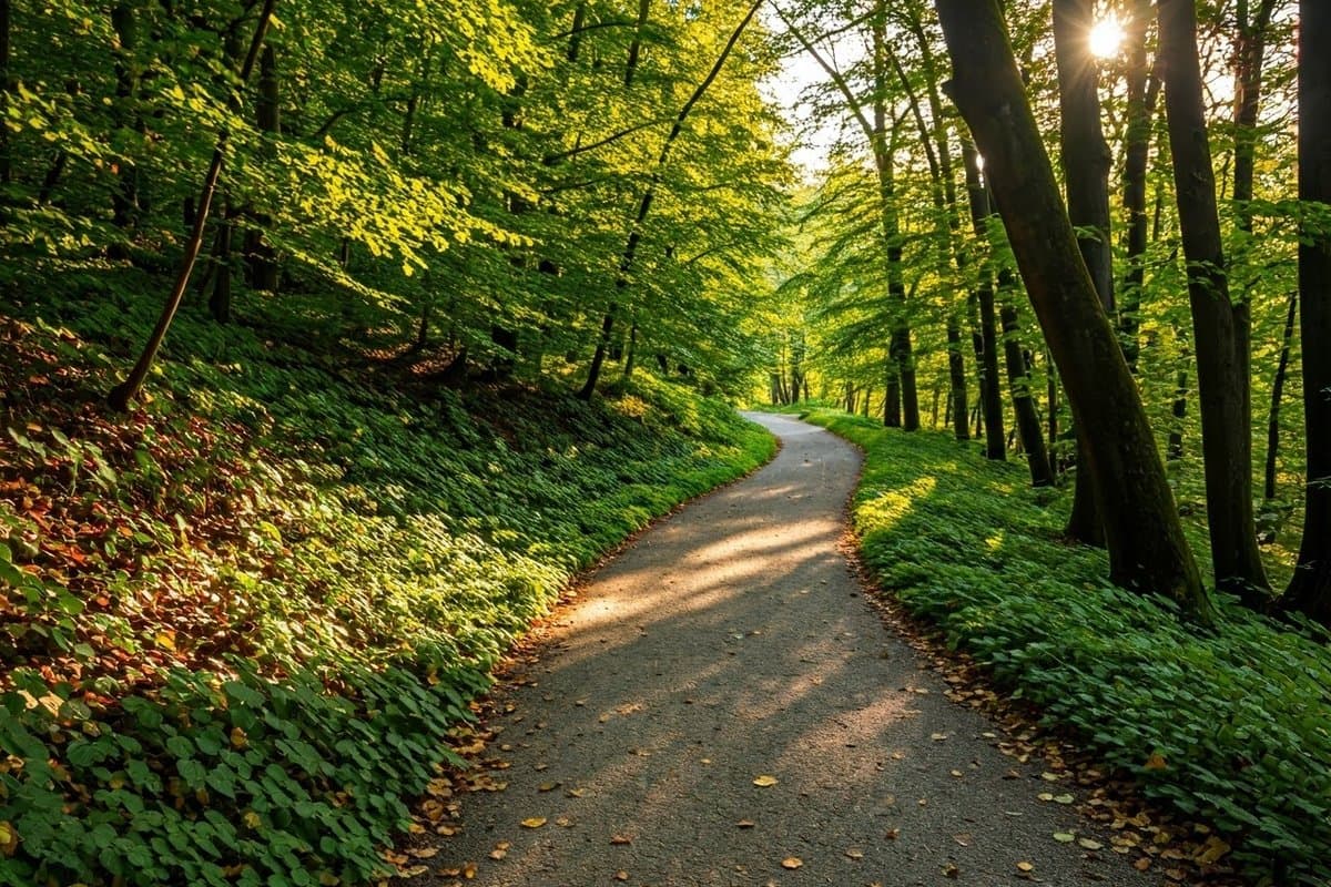 A sunlit path winding through a forest, symbolizing the journey of life and the presence of happiness along the way.