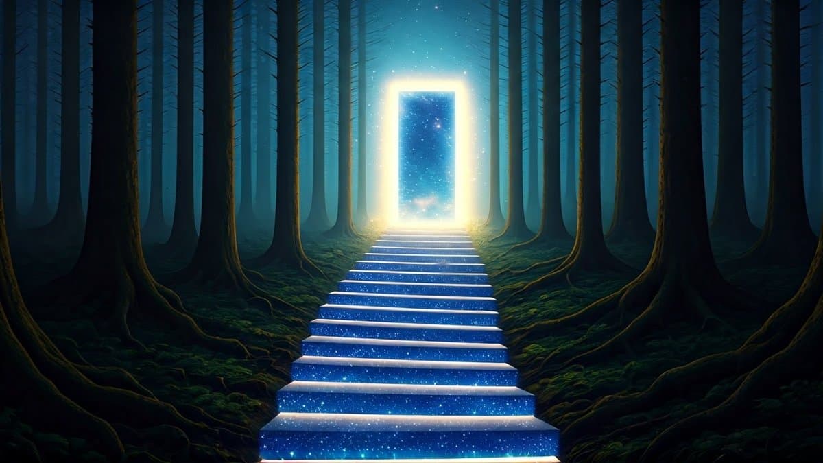 A starlit staircase leading to a glowing doorway, symbolizing dreams as a gateway to eternity.