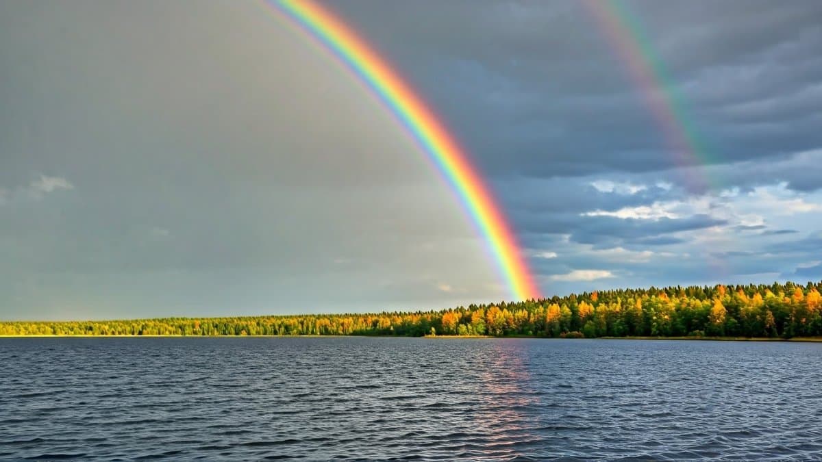 A rainbow breaking through a cloudy sky, reflected in a calm lake.
