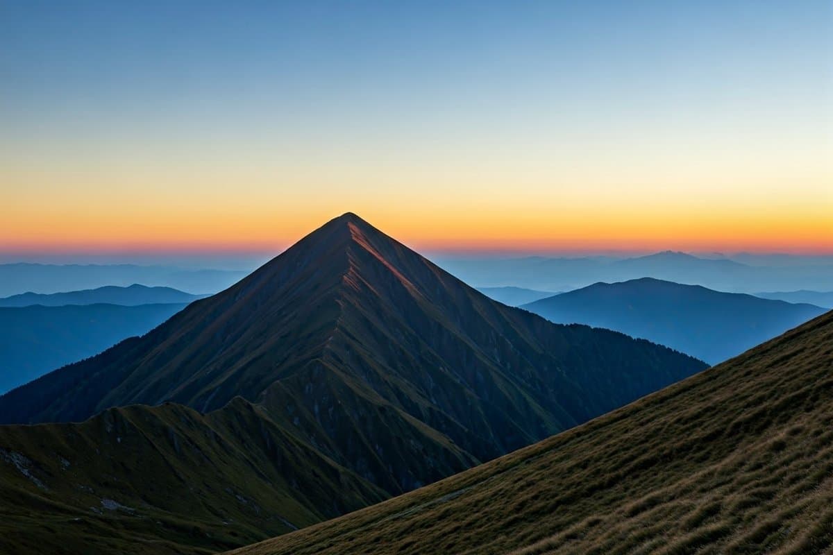 A sunrise over a mountain range, highlighting a single peak, symbolizing focus and personal growth.