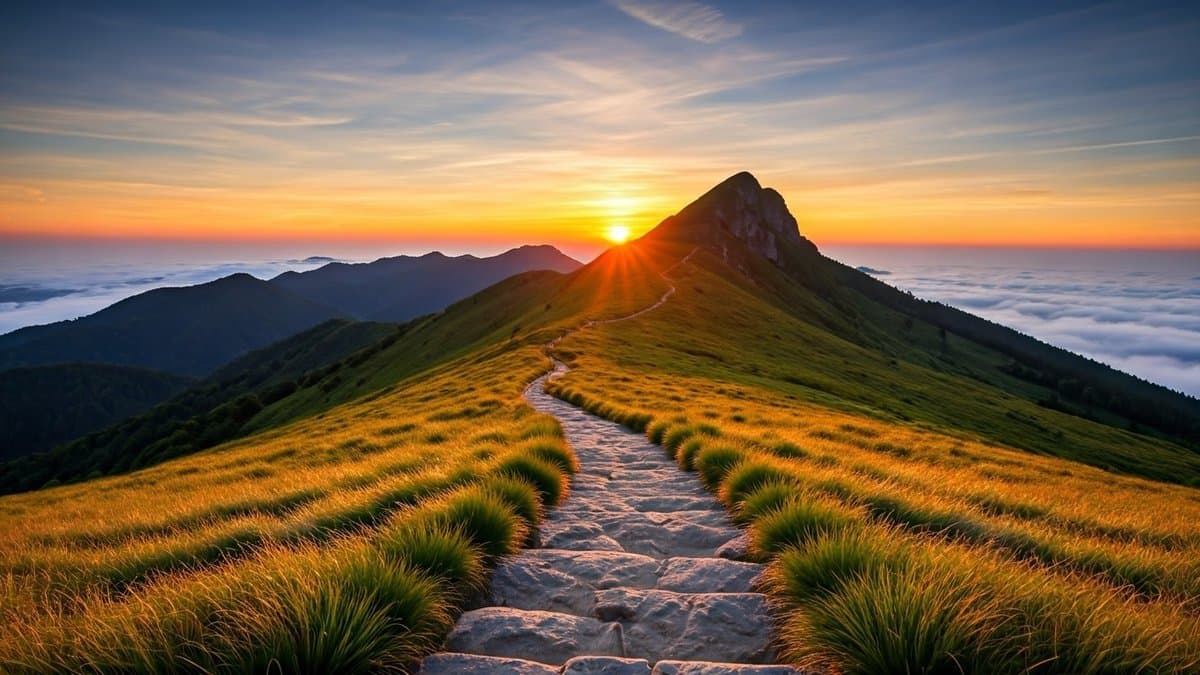 A mountain path leading to a sunrise, symbolizing the clarity and direction gained by changing one's beliefs.