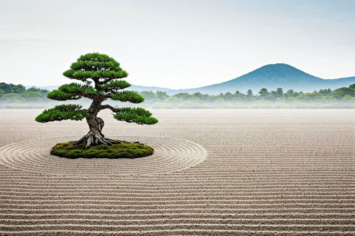 A Zen garden representing peace and simplicity, symbolizing the freedom gained by letting go of unnecessary desires.