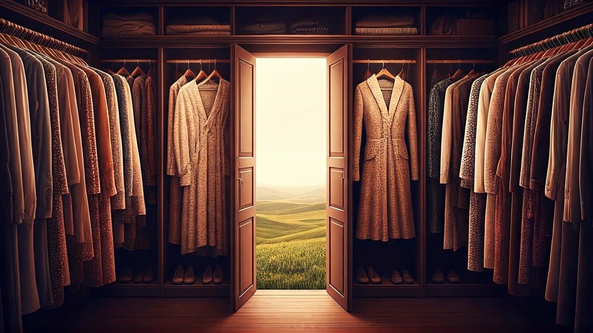 A wardrobe overflowing with clothes, symbolizing the diverse ways thoughts can be expressed through language.
