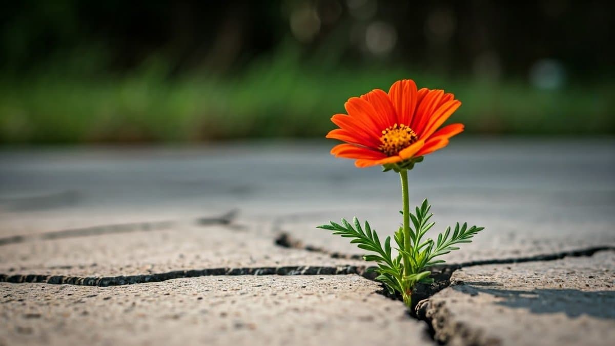 A flower growing through cracked concrete, representing the power of small actions to create change.