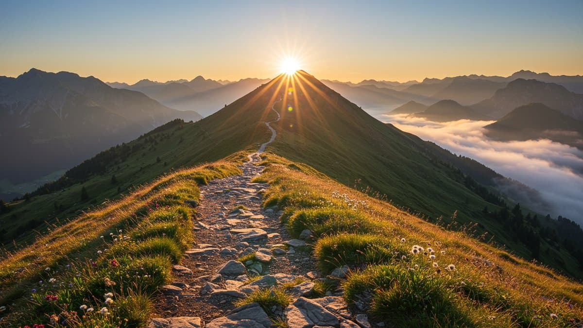 A winding mountain path symbolizing the challenging journey of change, leading to a brighter future.