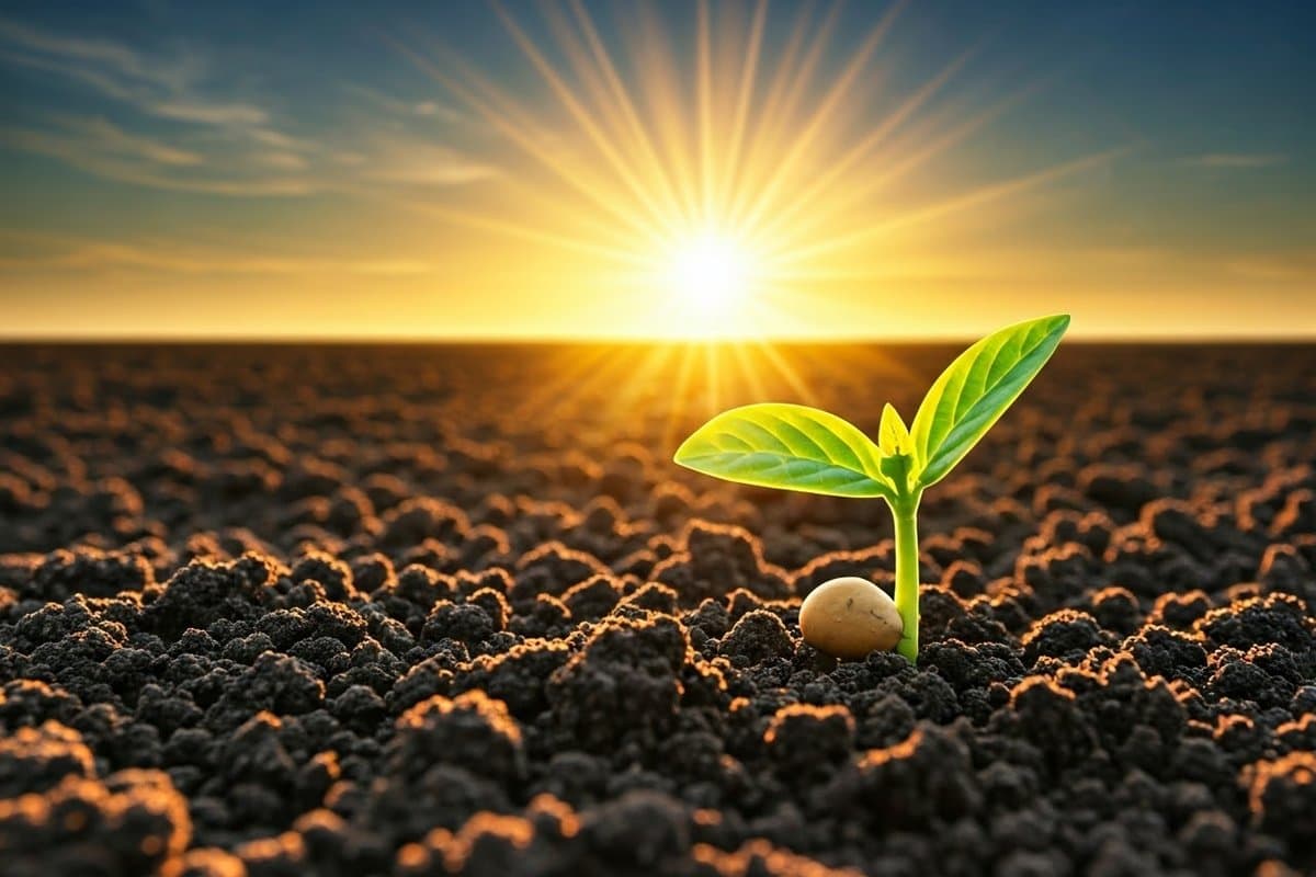 A seed sprouting under a sunrise, representing the potential for growth and greatness.