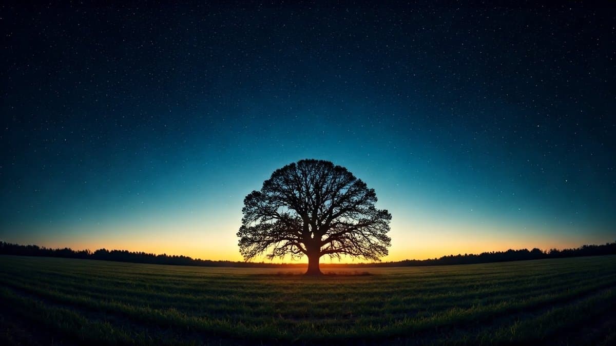 A silhouette of an oak tree at twilight, set against a vast, star-filled sky, representing the act of connecting with the universal.
