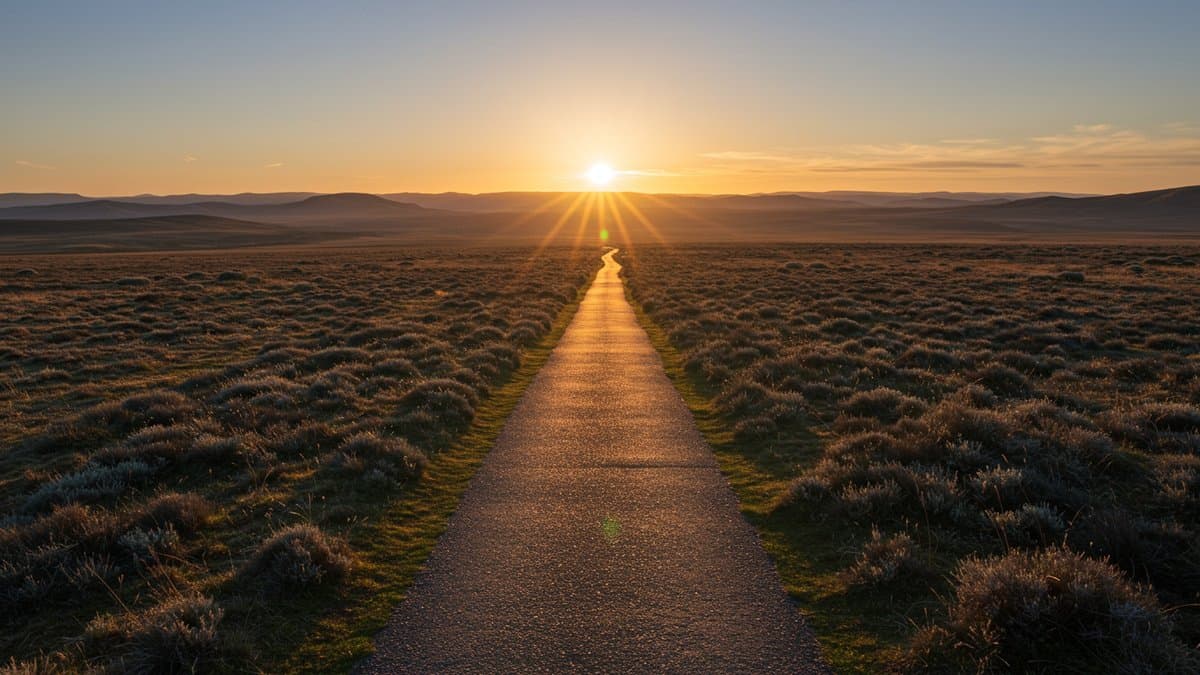 A winding path leading towards a bright sunrise, representing the journey towards a dream and overcoming the shadows of fear.