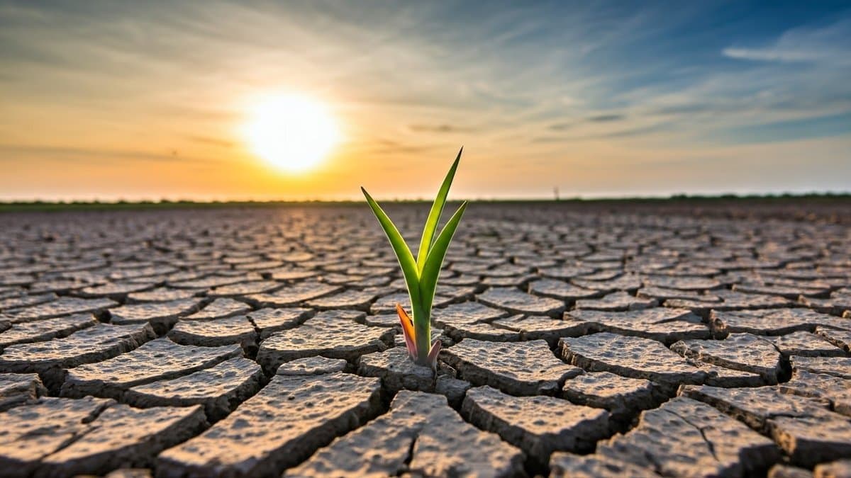 A single green shoot emerges from cracked earth, symbolizing hope and growth amidst adversity.