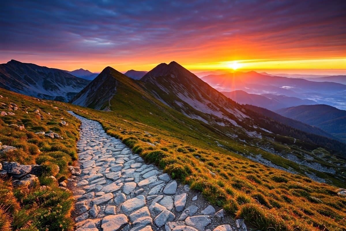 A winding mountain path leads to a vibrant sunrise, symbolizing the journey of overcoming obstacles and achieving success through dedication and passion.