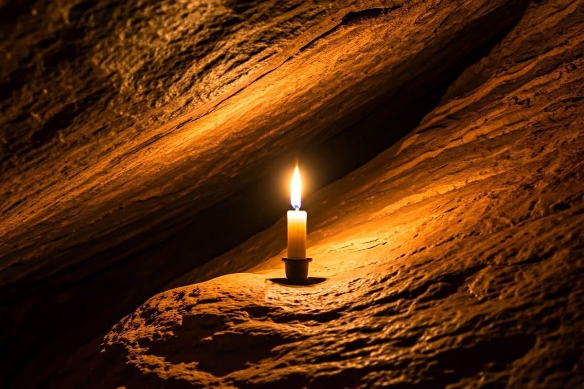 A solitary candle flame illuminates a dark cave, symbolizing hope and resilience in challenging times.
