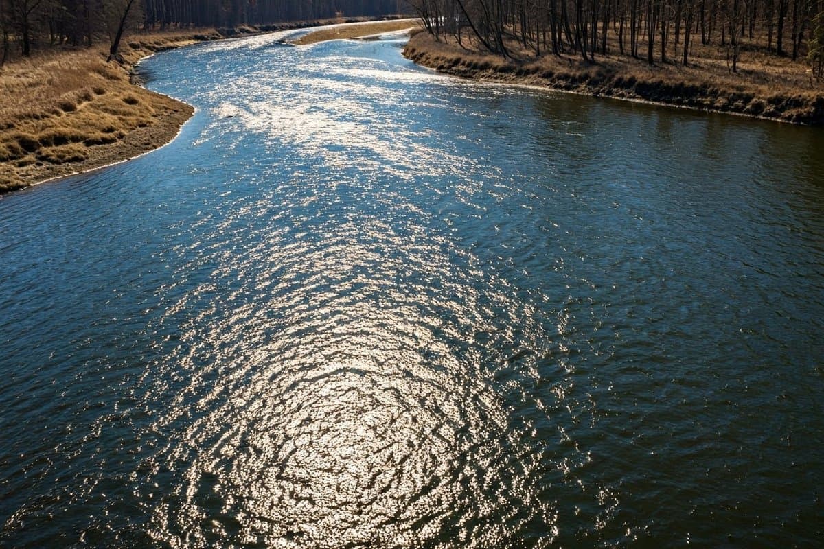 A winding river reflecting the sky, symbolizing the constant flow and change described in Heraclitus's quote.