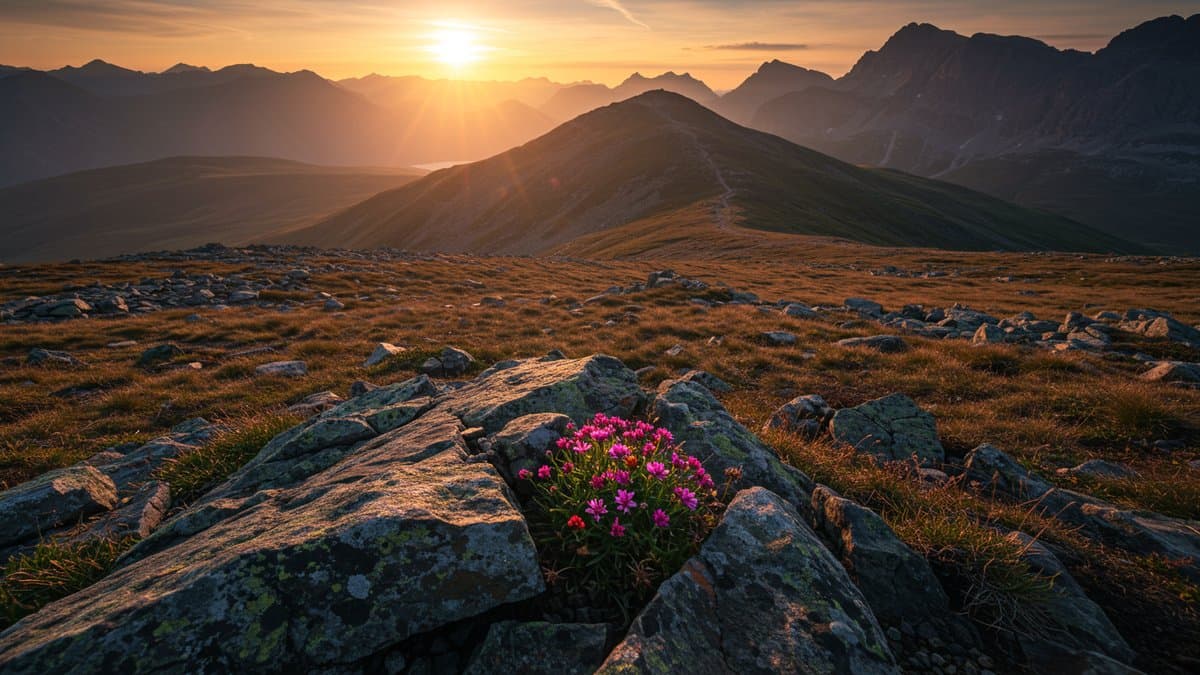 A solitary flower blooming on a rugged mountain, symbolizing resilience and the discovery of inner strength through adversity.