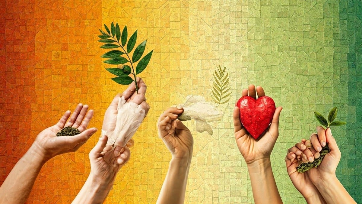 A mosaic of hands holding symbols of peace, representing unity and active participation in creating a peaceful world.