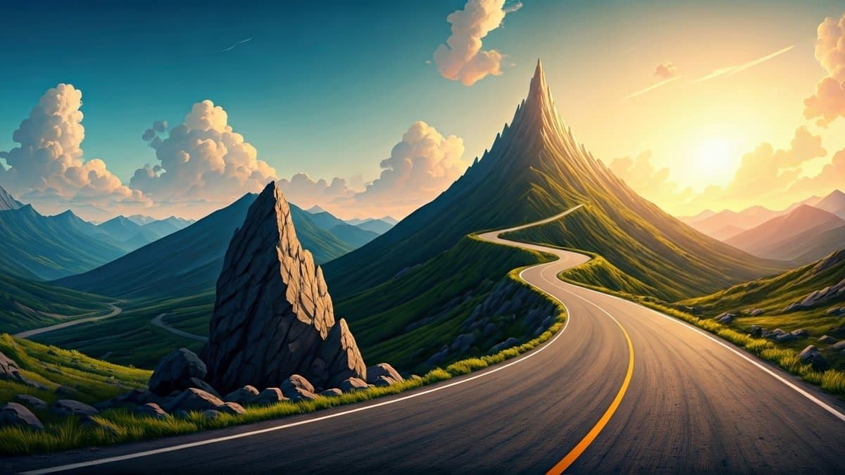 A winding road to a mountain peak, with a detour around a boulder, symbolizing adapting to obstacles while pursuing a goal.